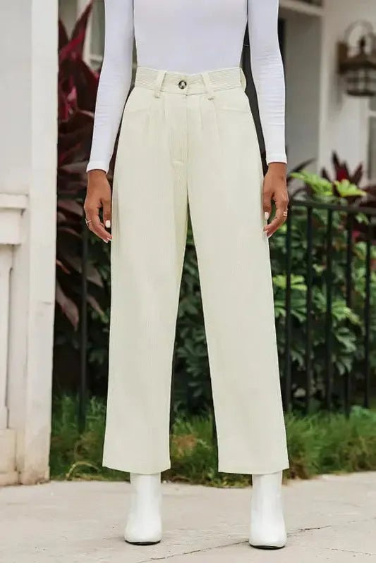 Gray Corduroy High Waist Straight Leg Pants - StepByStep