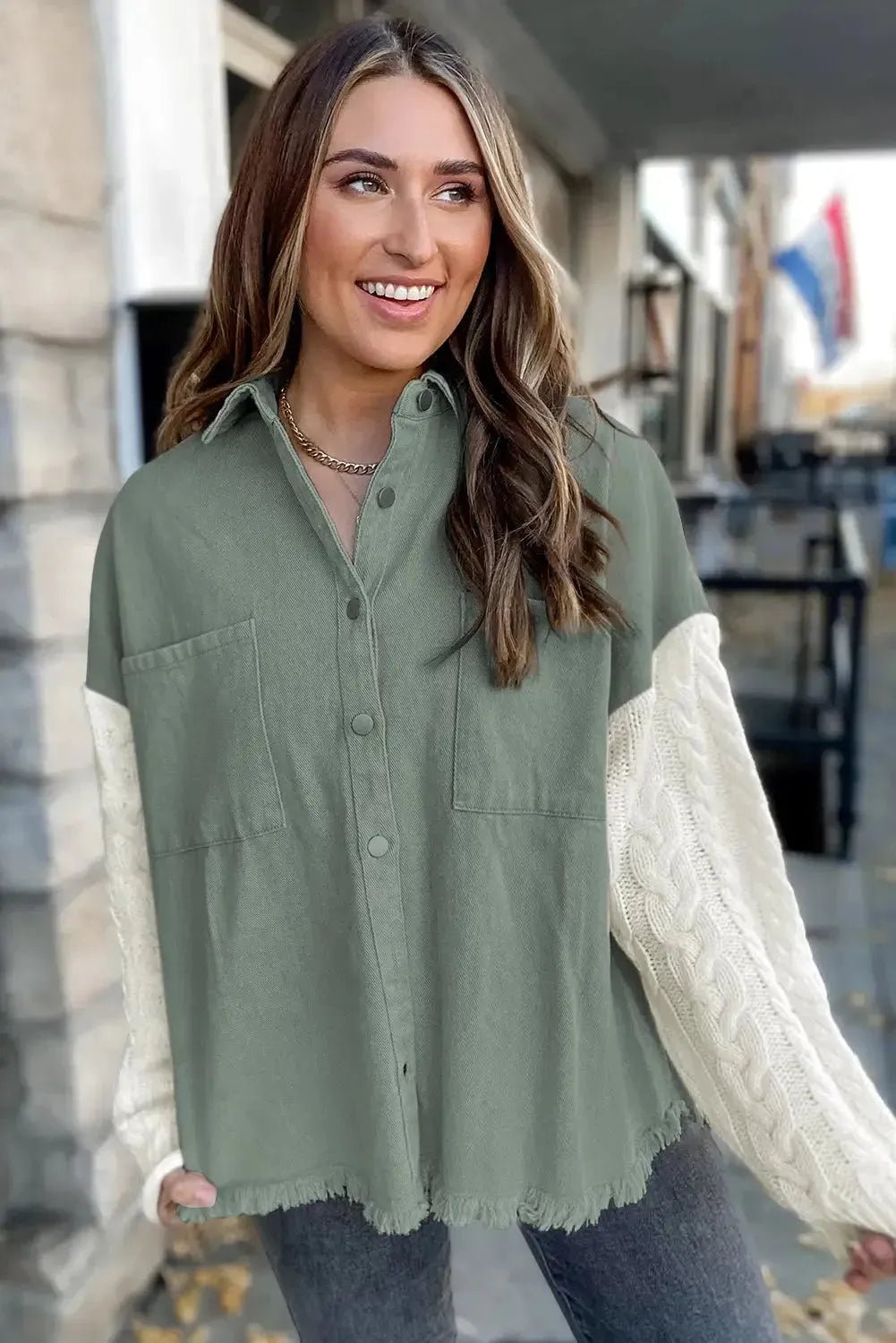 Green Cable Knit Sleeve Raw Hem Shacket - StepByStep