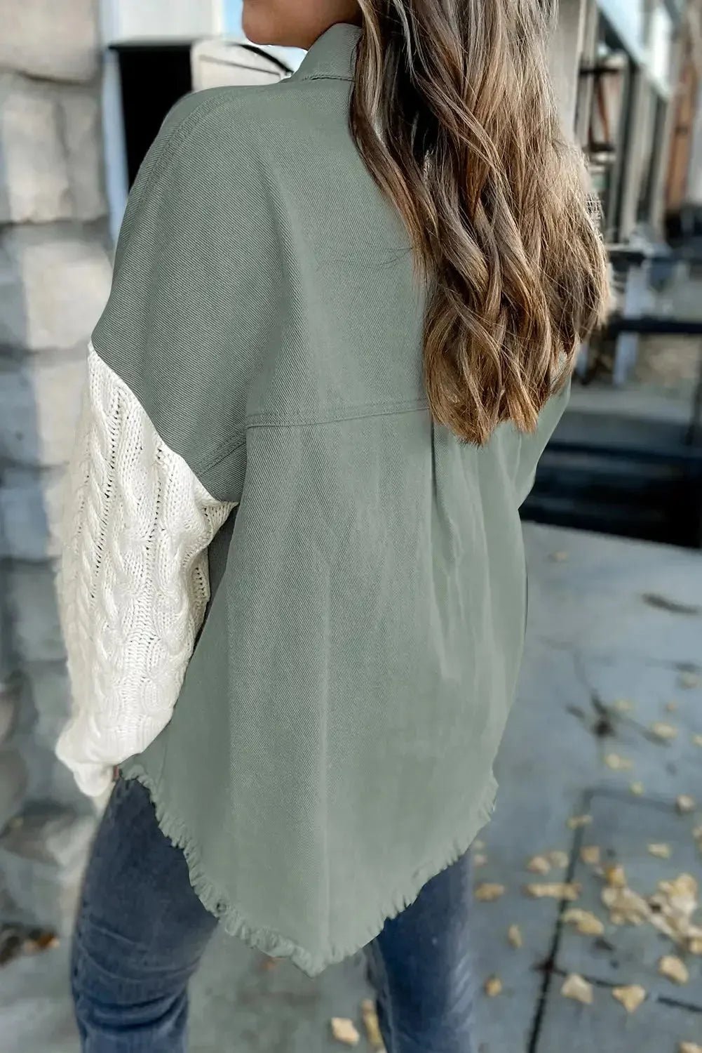 Green Cable Knit Sleeve Raw Hem Shacket - StepByStep