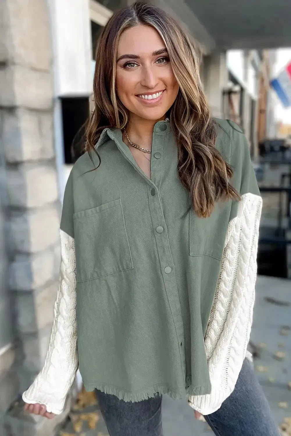 Green Cable Knit Sleeve Raw Hem Shacket - StepByStep
