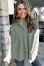 Green Cable Knit Sleeve Raw Hem Shacket - StepByStep