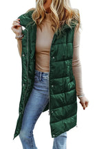Green Hooded Long Quilted Vest Coat - StepByStep
