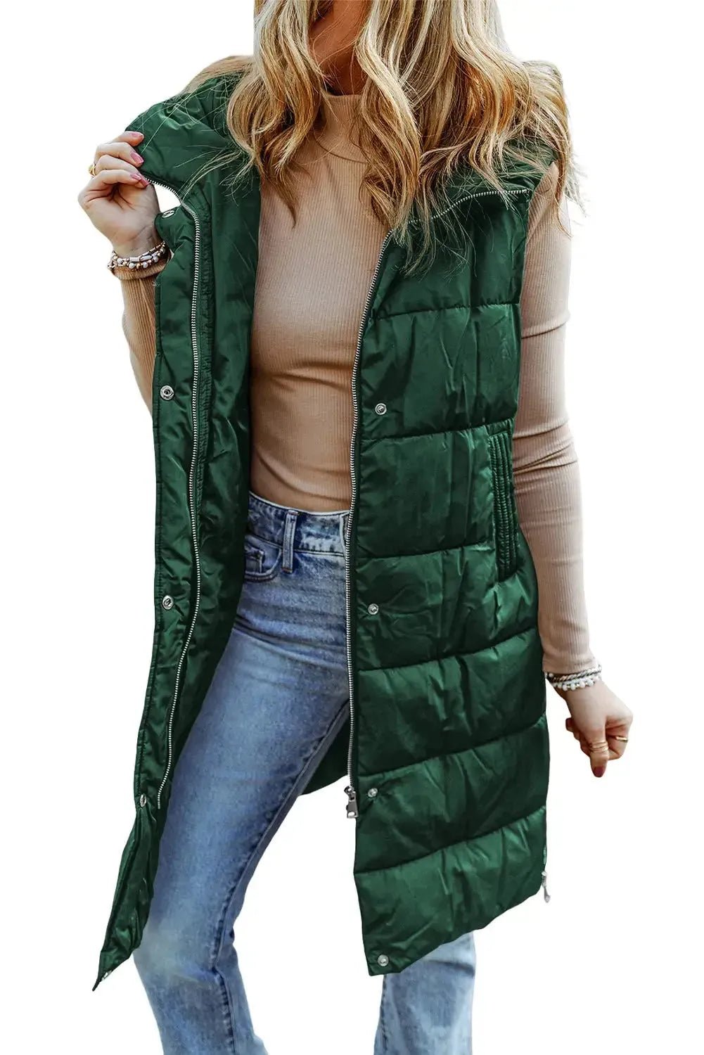 Green Hooded Long Quilted Vest Coat - StepByStep
