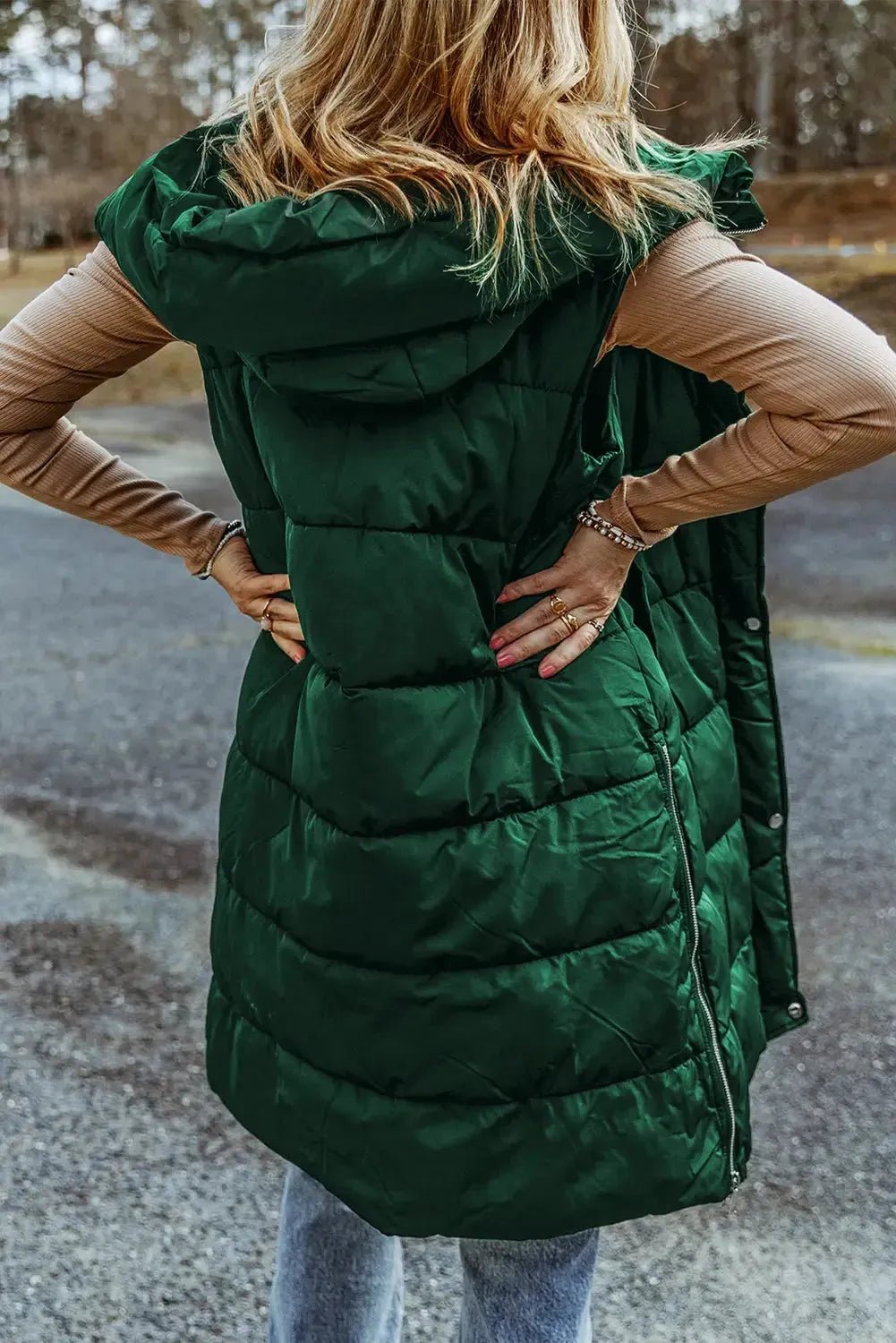 Green Hooded Long Quilted Vest Coat - StepByStep