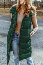 Green Hooded Long Quilted Vest Coat - StepByStep