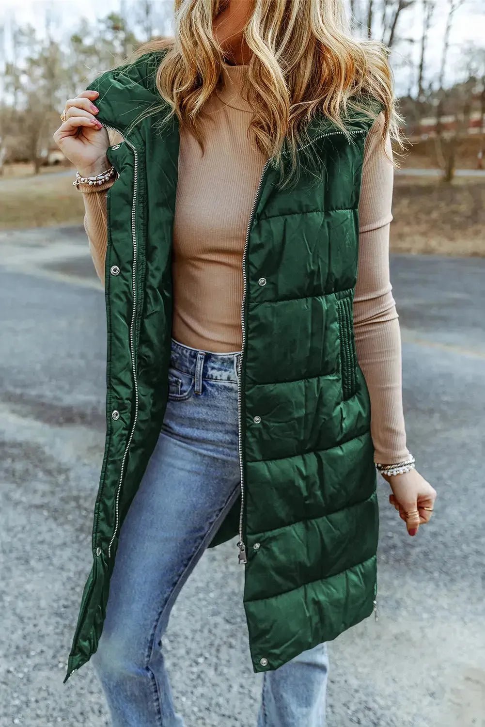 Green Hooded Long Quilted Vest Coat - StepByStep