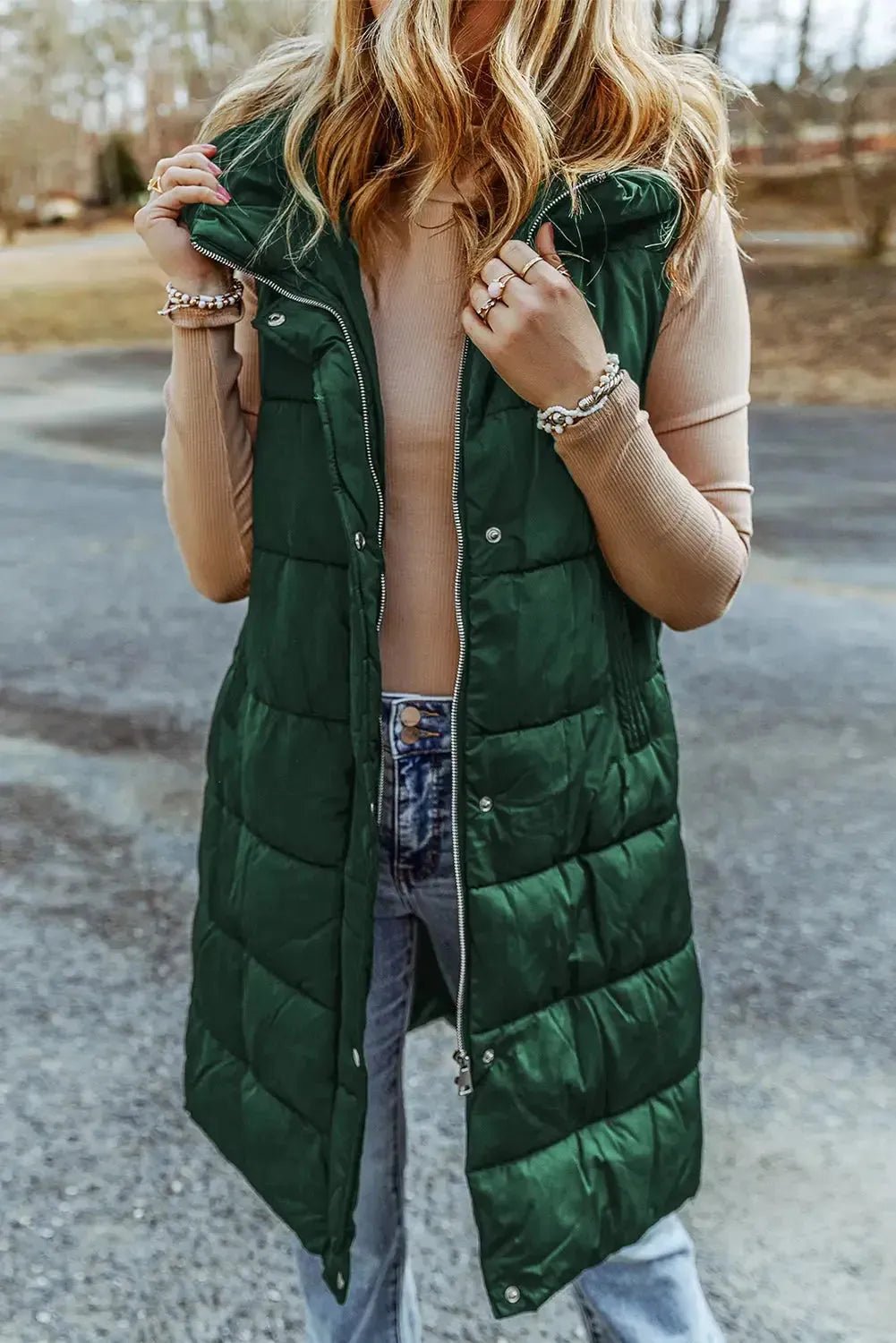 Green Hooded Long Quilted Vest Coat - StepByStep