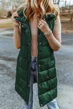 Green Hooded Long Quilted Vest Coat - StepByStep