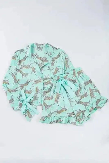 Green Leopard Satin Ruffle Pajama Short Set - StepByStep
