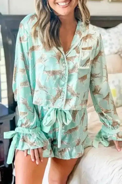 Green Leopard Satin Ruffle Pajama Short Set - StepByStep