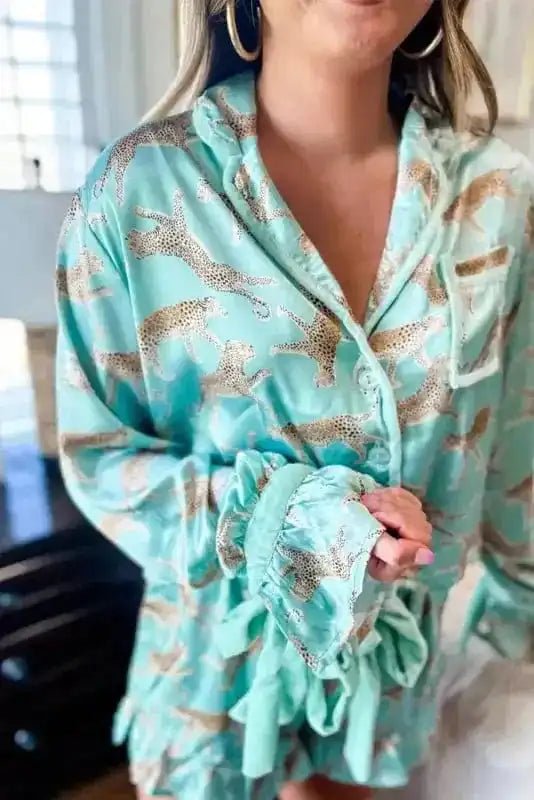 Green Leopard Satin Ruffle Pajama Short Set - StepByStep