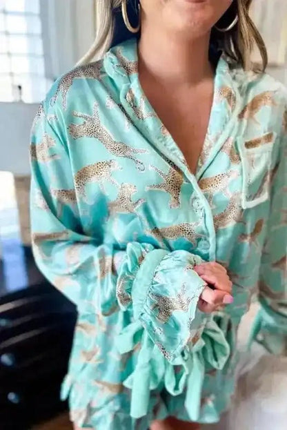 Green Leopard Satin Ruffle Pajama Short Set - StepByStep