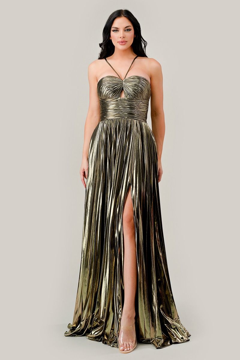 Halter Pleated Lame' Metallic A - Line Gown - StepByStepNow