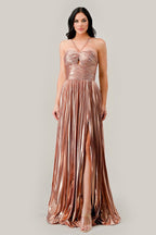 Halter Pleated Lame' Metallic A - Line Gown - StepByStepNow