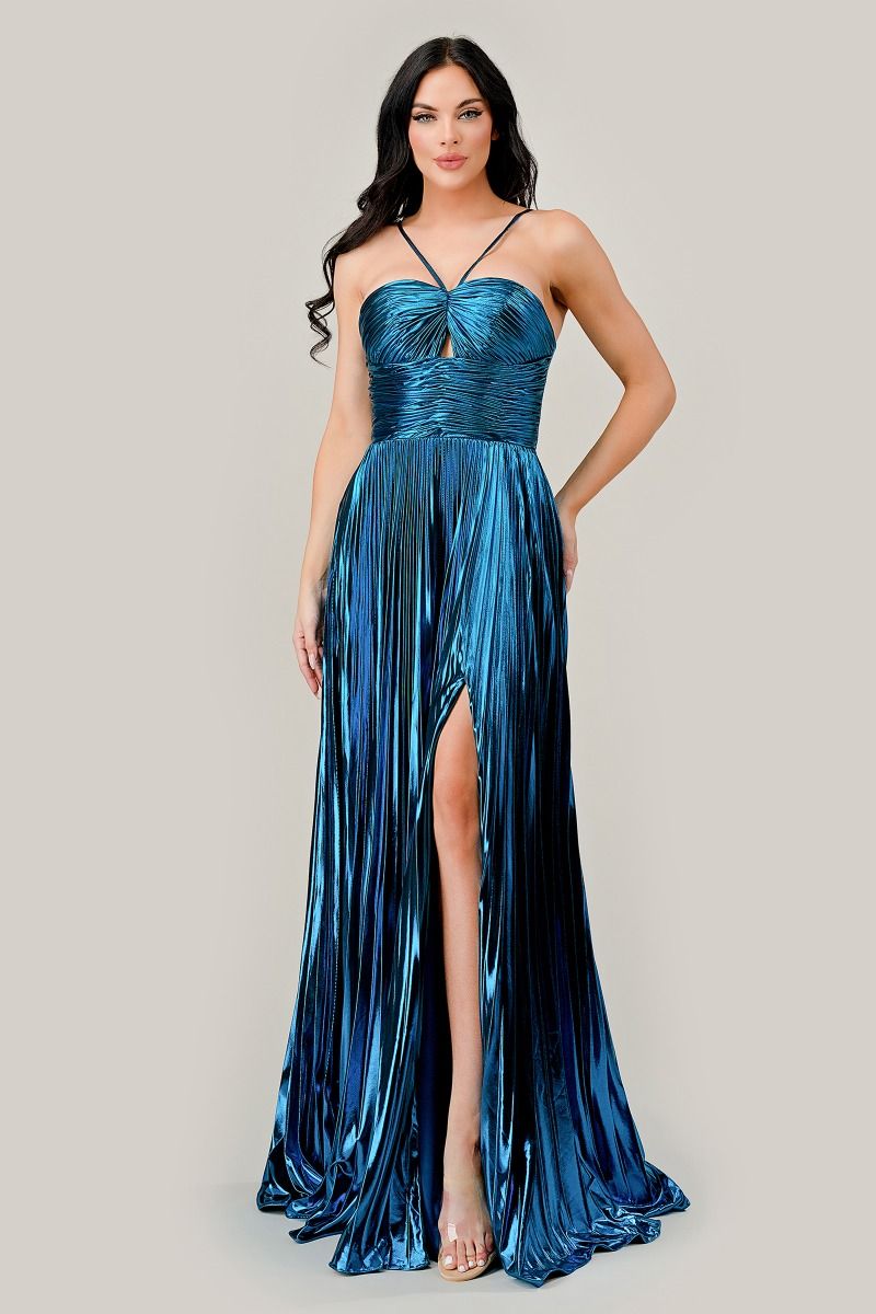 Halter Pleated Lame' Metallic A - Line Gown - StepByStepNow