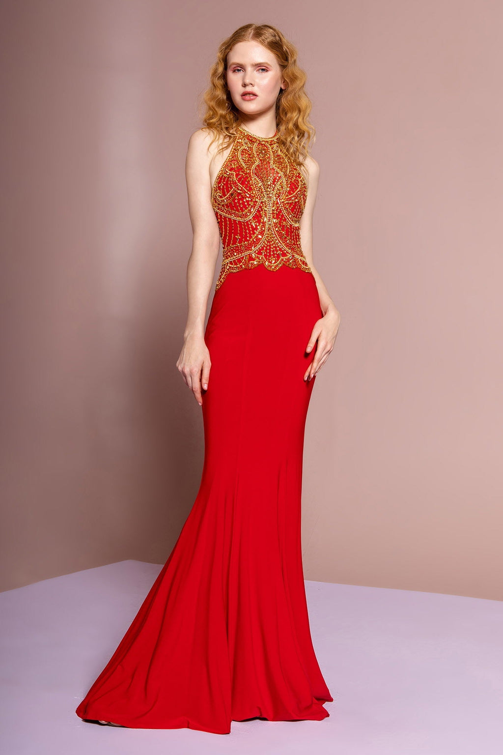 Halterneck Jersey Long Dress with Beaded Bodice - StepByStepNow