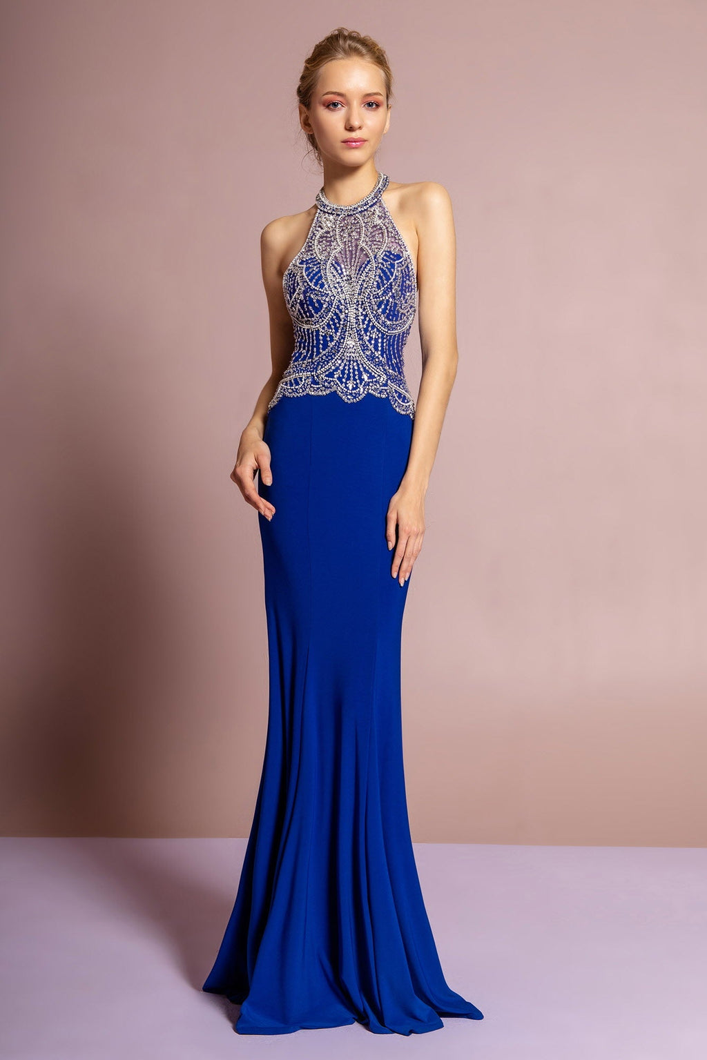 Halterneck Jersey Long Dress with Beaded Bodice - StepByStepNow