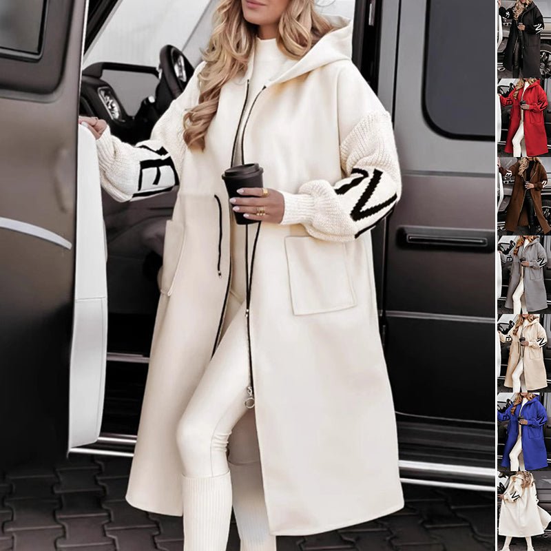 Hooded Windbreaker Long Jacket With Pockets And Drawstring Design Solid Color Knit - Sleeved Trench Coat For Women Clothing Fall Winter - StepByStepNow