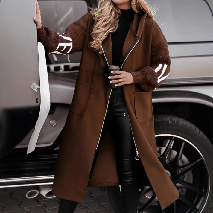 Hooded Windbreaker Long Jacket With Pockets And Drawstring Design Solid Color Knit - Sleeved Trench Coat For Women Clothing Fall Winter - StepByStepNow