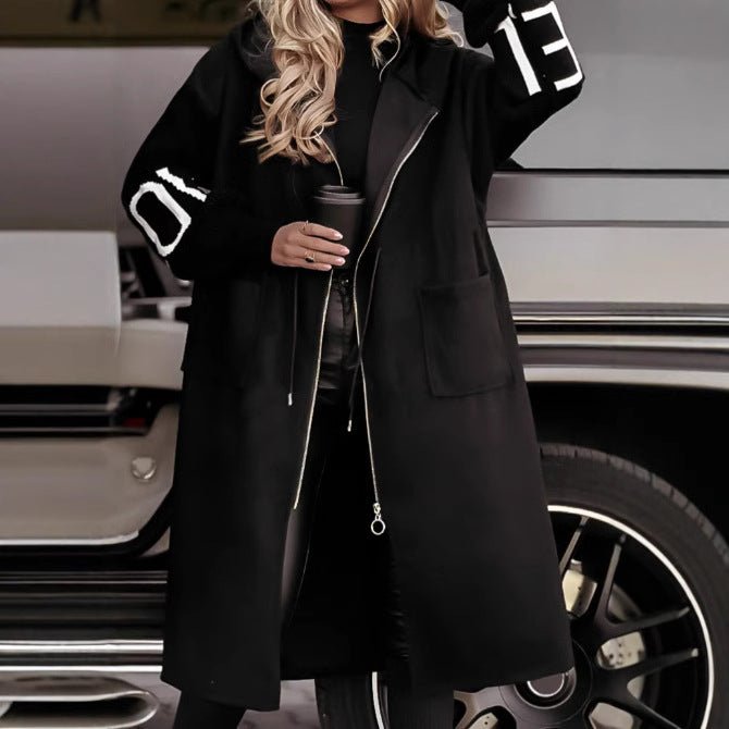 Hooded Windbreaker Long Jacket With Pockets And Drawstring Design Solid Color Knit - Sleeved Trench Coat For Women Clothing Fall Winter - StepByStepNow