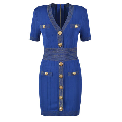 Ice Silk Knit Dress with Gold Buckle For Women, V - Neck, Upper East Side, BYMANYC New York. - StepByStep