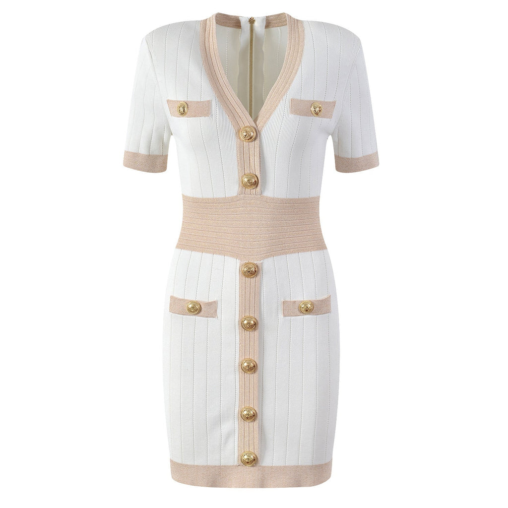 Ice Silk Knit Dress with Gold Buckle For Women, V - Neck, Upper East Side, BYMANYC New York. - StepByStep