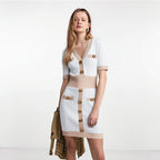 Ice Silk Knit Dress with Gold Buckle For Women, V - Neck, Upper East Side, BYMANYC New York. - StepByStep