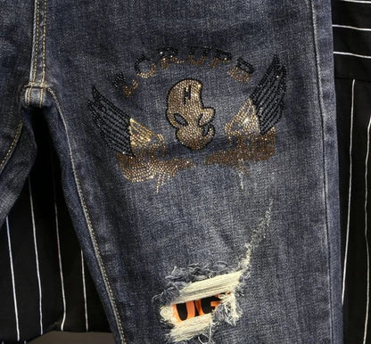 Jeans strappati strappati con stampa per uomo Pantaloni con fori grafici rotti Pantaloni casual morbidi Kpop eleganti pantaloni da cowboy da uomo larghi gotici regolari - StepByStep