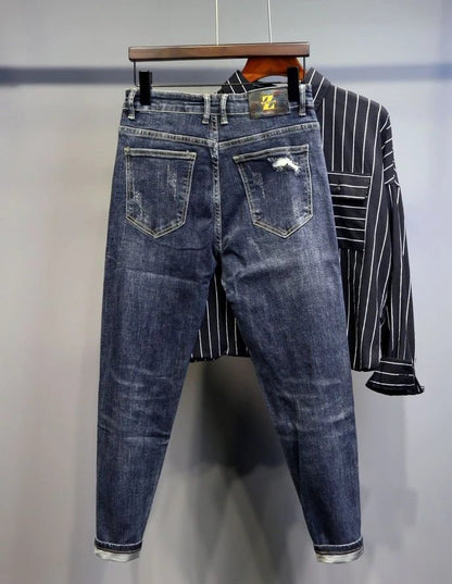 Jeans strappati strappati con stampa per uomo Pantaloni con fori grafici rotti Pantaloni casual morbidi Kpop eleganti pantaloni da cowboy da uomo larghi gotici regolari - StepByStep