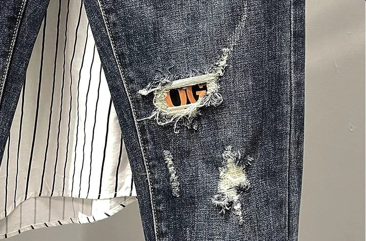 Jeans strappati strappati con stampa per uomo Pantaloni con fori grafici rotti Pantaloni casual morbidi Kpop eleganti pantaloni da cowboy da uomo larghi gotici regolari - StepByStep