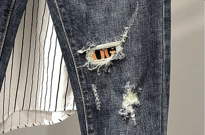 Jeans strappati strappati con stampa per uomo Pantaloni con fori grafici rotti Pantaloni casual morbidi Kpop eleganti pantaloni da cowboy da uomo larghi gotici regolari - StepByStep