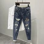 Jeans strappati strappati con stampa per uomo Pantaloni con fori grafici rotti Pantaloni casual morbidi Kpop eleganti pantaloni da cowboy da uomo larghi gotici regolari - StepByStep