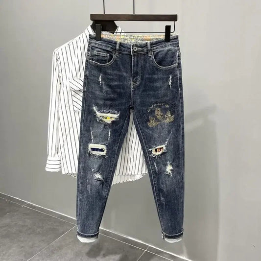 Jeans strappati strappati con stampa per uomo Pantaloni con fori grafici rotti Pantaloni casual morbidi Kpop eleganti pantaloni da cowboy da uomo larghi gotici regolari - StepByStep