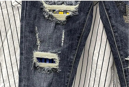Jeans strappati strappati con stampa per uomo Pantaloni con fori grafici rotti Pantaloni casual morbidi Kpop eleganti pantaloni da cowboy da uomo larghi gotici regolari - StepByStep