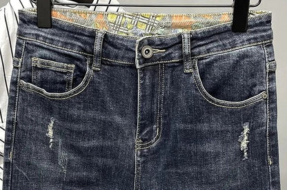 Jeans strappati strappati con stampa per uomo Pantaloni con fori grafici rotti Pantaloni casual morbidi Kpop eleganti pantaloni da cowboy da uomo larghi gotici regolari - StepByStep