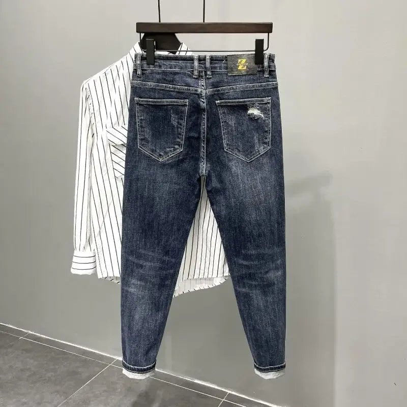 Jeans strappati strappati con stampa per uomo Pantaloni con fori grafici rotti Pantaloni casual morbidi Kpop eleganti pantaloni da cowboy da uomo larghi gotici regolari - StepByStep