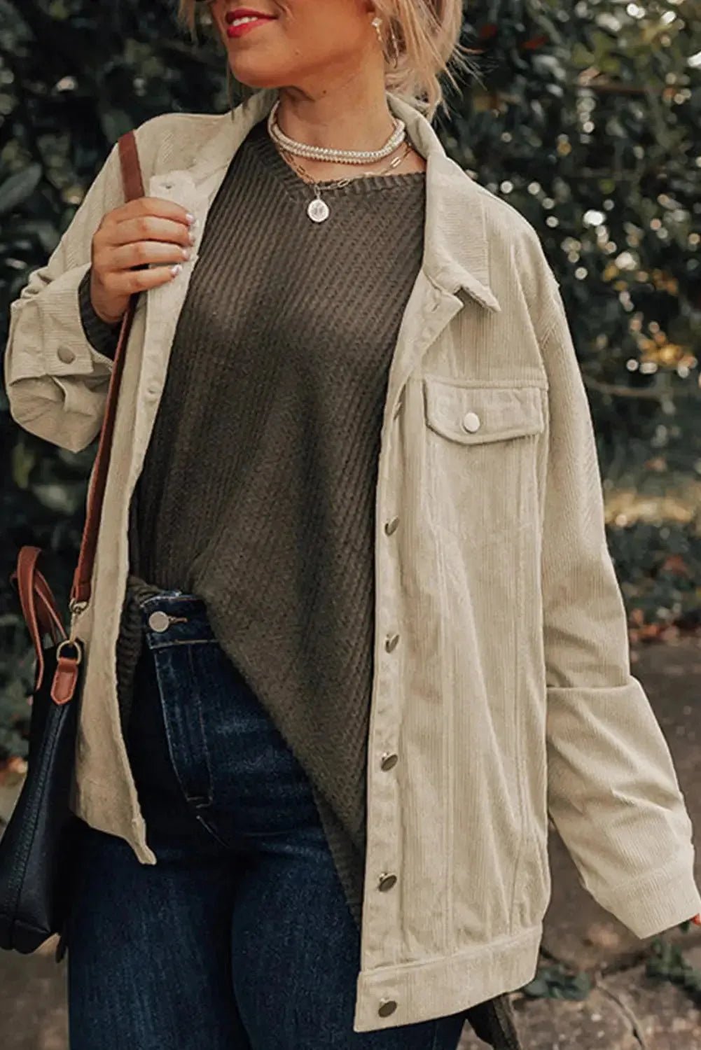 Khaki Plus Size Crochet Pattern Back Corduroy Jacket - StepByStep