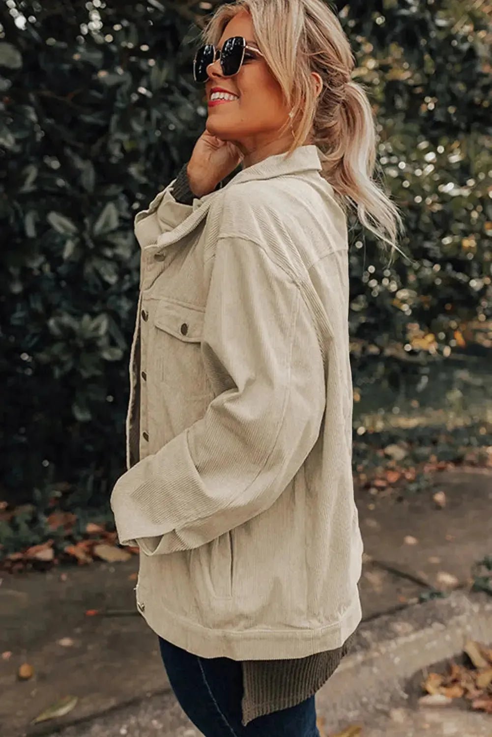 Khaki Plus Size Crochet Pattern Back Corduroy Jacket - StepByStep