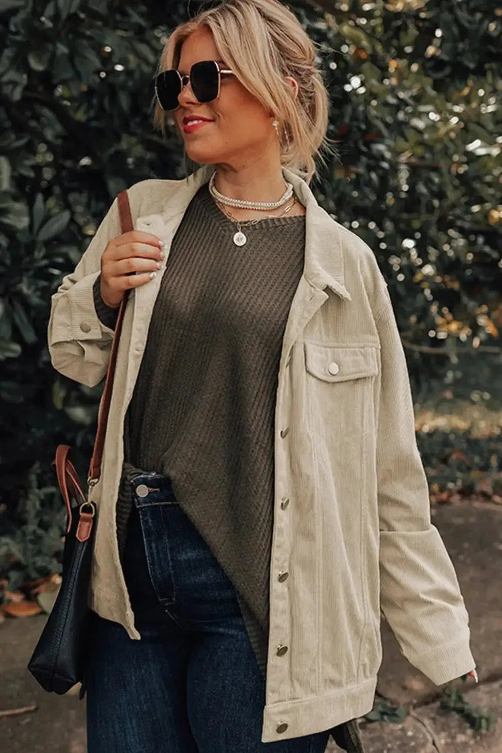 Khaki Plus Size Crochet Pattern Back Corduroy Jacket - StepByStep