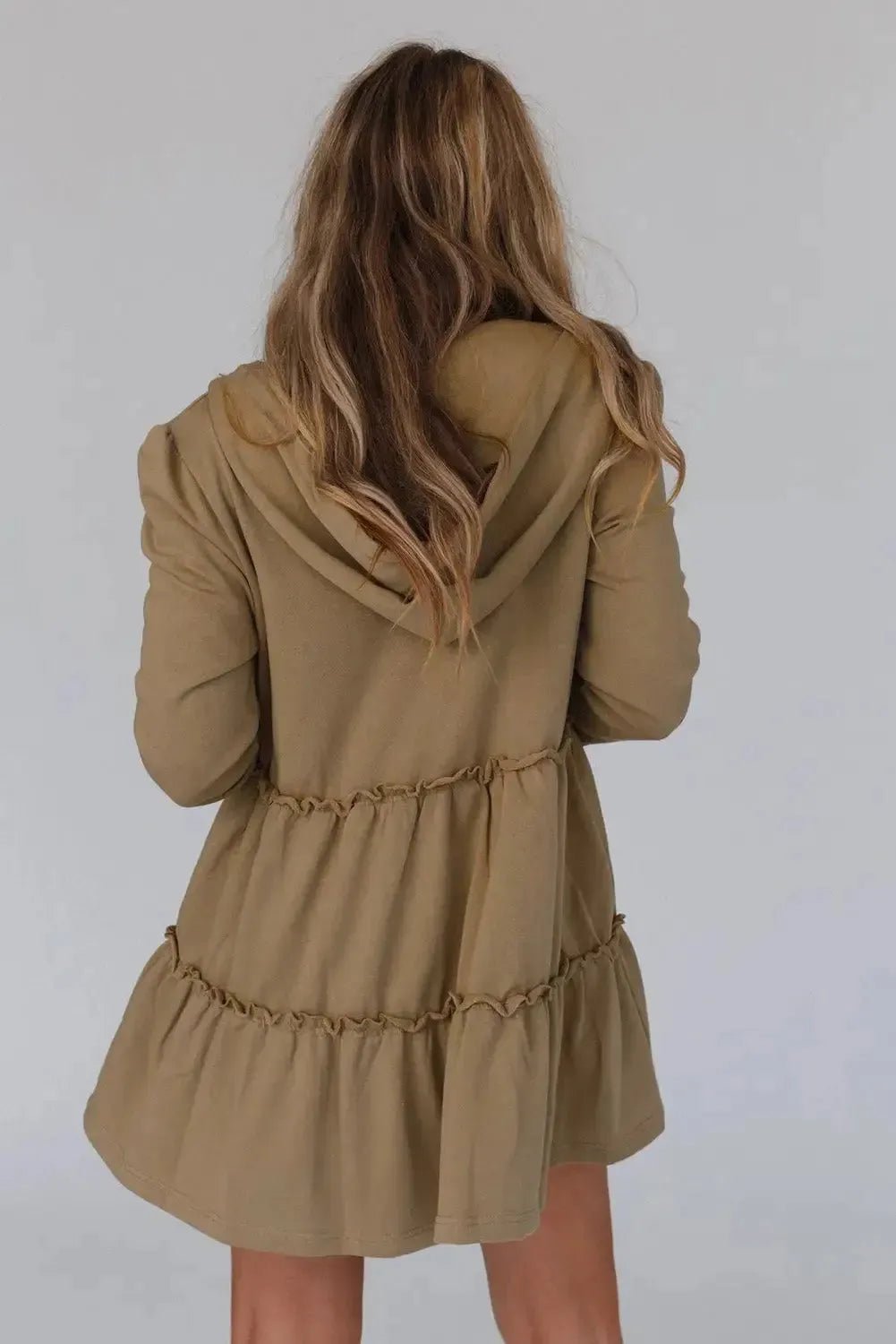 Khaki Tiered Ruffled Zip - Up Drawstring Hooded Jacket - StepByStep