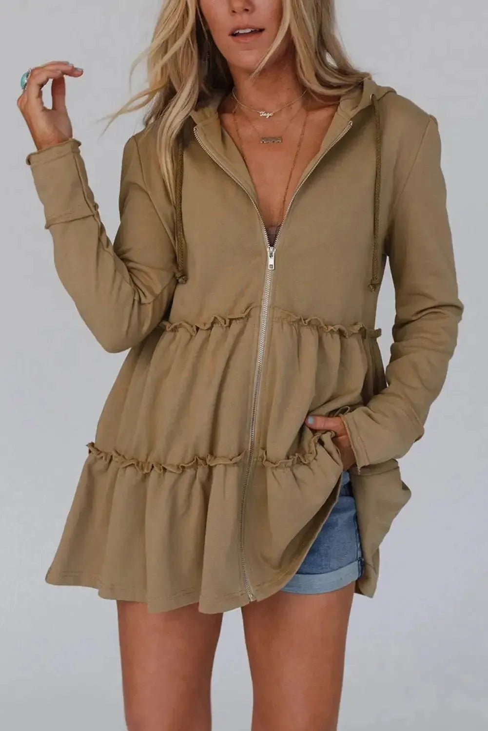 Khaki Tiered Ruffled Zip - Up Drawstring Hooded Jacket - StepByStep