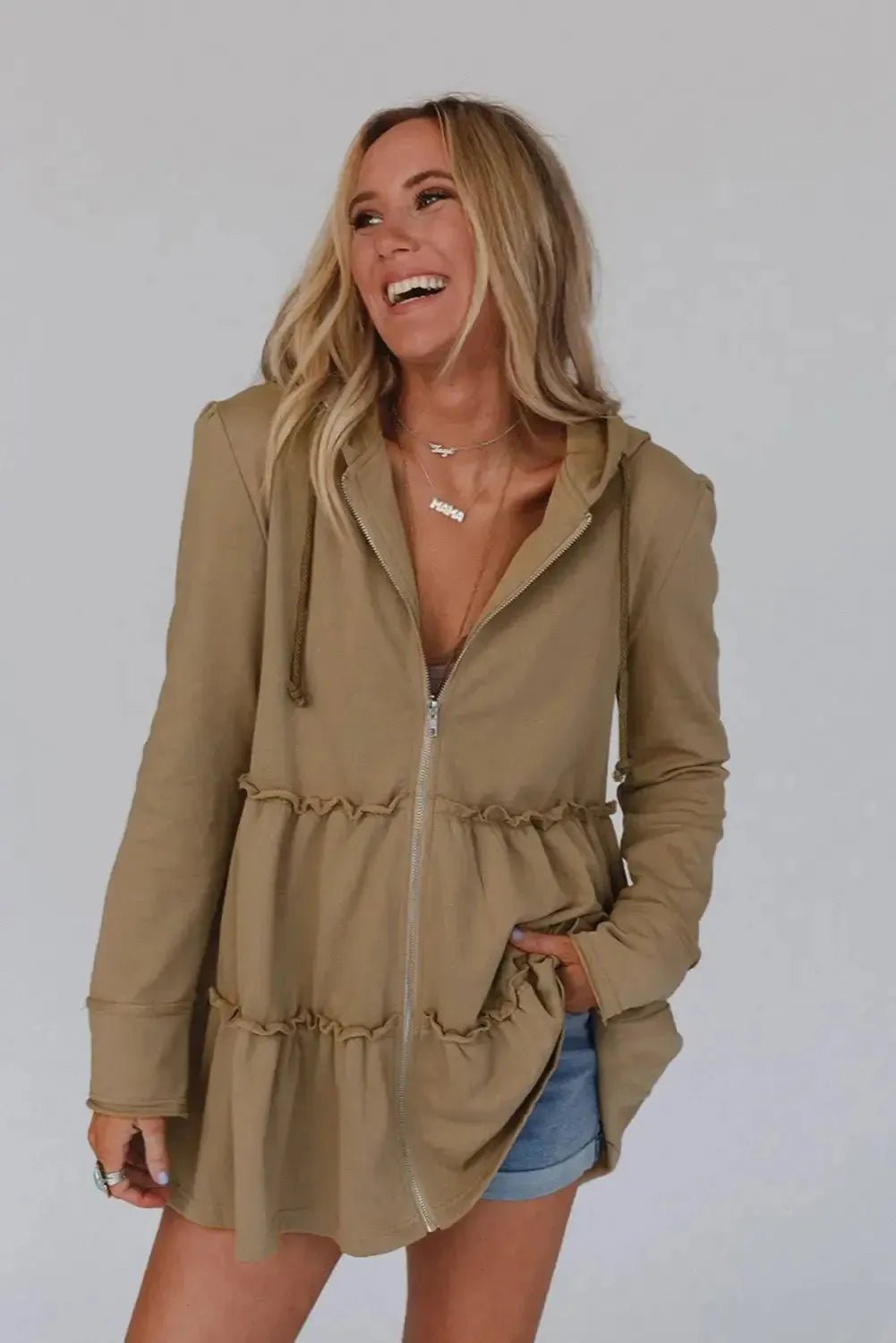 Khaki Tiered Ruffled Zip - Up Drawstring Hooded Jacket - StepByStep