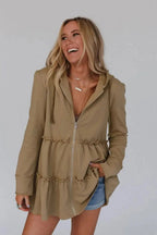 Khaki Tiered Ruffled Zip - Up Drawstring Hooded Jacket - StepByStep
