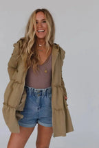 Khaki Tiered Ruffled Zip - Up Drawstring Hooded Jacket - StepByStep
