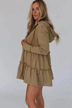 Khaki Tiered Ruffled Zip - Up Drawstring Hooded Jacket - StepByStep