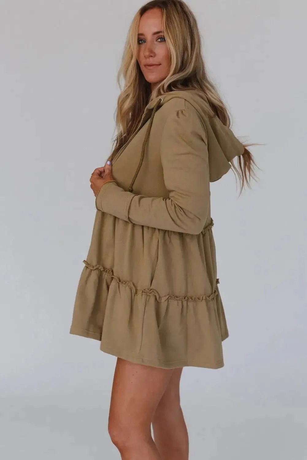 Khaki Tiered Ruffled Zip - Up Drawstring Hooded Jacket - StepByStep