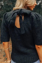 Knit Short Sleeve Sweater - Black Knotted Keyhole Nape - StepByStep