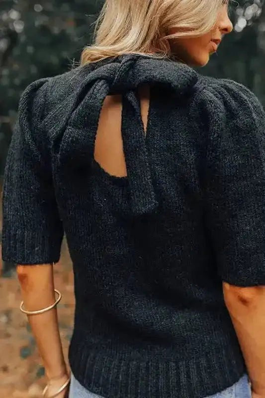 Knit Short Sleeve Sweater - Black Knotted Keyhole Nape - StepByStep