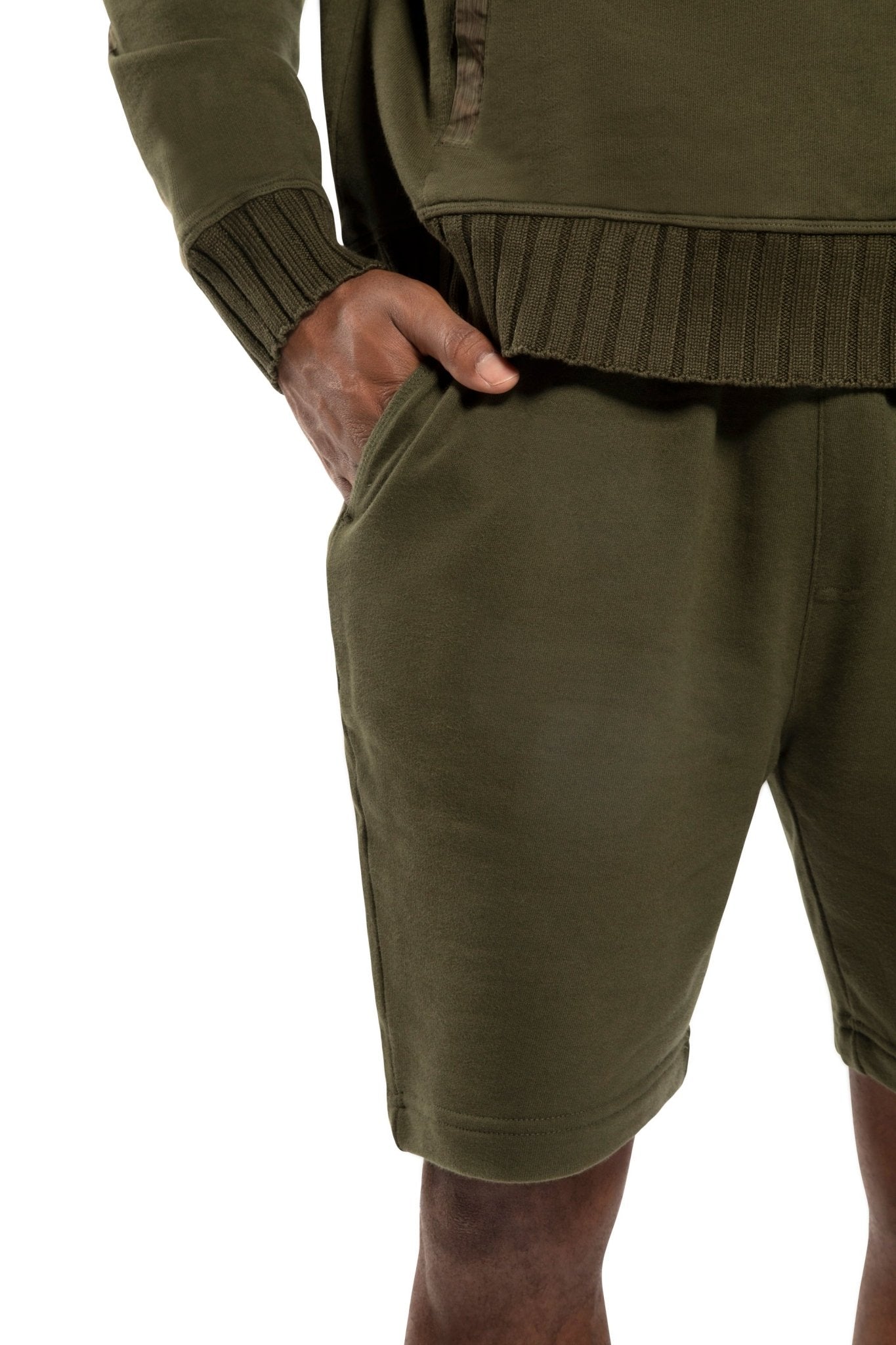Knit Sweat Short With Pocket Stripe Detail (Dark Olive) - StepByStep