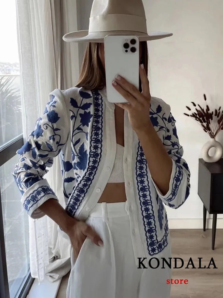 KONDALA Women Cardigan Shirts New Embroidered Tops Streetwear Vintage Shirts 100% Cotton Loose Mujer Sun Protection Shirts - StepByStepNow